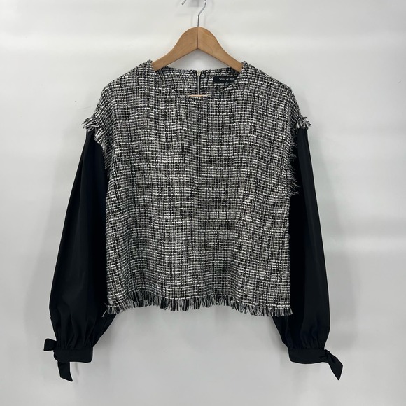 Strut & Bolt Tweed Balloon Sleeve Top Womens Large Black White Metallic - Picture 5 of 12
